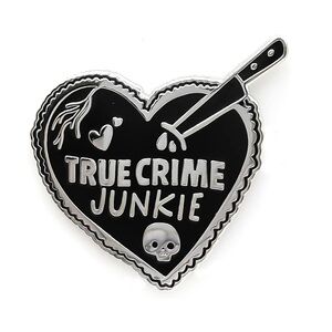 “True Crime Junkie” Pin Cute Enamel Pink Heart Knife Design Silver Black